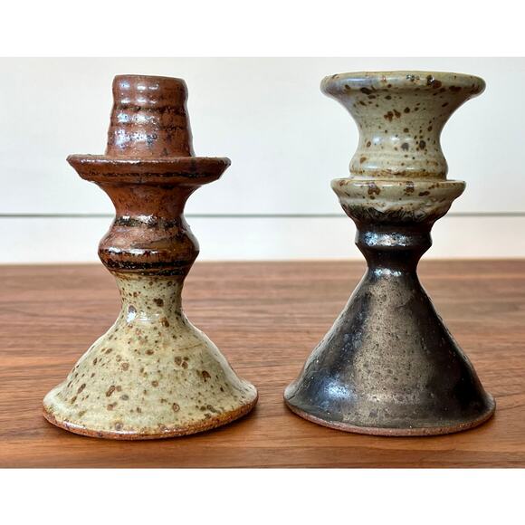 Vintage Pair of Handmade Stoneware Glazed Candlestick Holders Signed Hanson - Picture 13 of 15